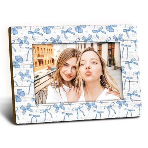 Foyoulame Blue Bow Decor Picture Frame 4x6, Blue Preppy Coquette Bow Wooden Picture Frame, Preppy Girly Gifts for Women Girls Besties, Besties Best Friends Decorative Photo Frames for Girls Room Decor - Image 1