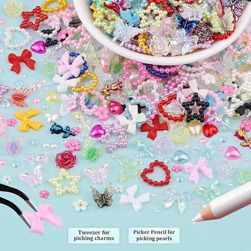 Skriist 1500PCs Multicolor 3D Nail Charms Set for Acrylic Nails Design DIY Decoration, Assorted Heart Star Rose Butterfly Cute Nail Jewels Nail Art Rhinestones with Pickup Tool thumbnail 4