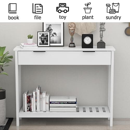 TaoHFE White Narrow Console Table with Storage Modern Wood Entryway Table with Drawer Hallway Table Sofa Tables for Living Room, Entrance Tables for Front Door Corridor, Office, White - White - with Drawer thumbnail 3