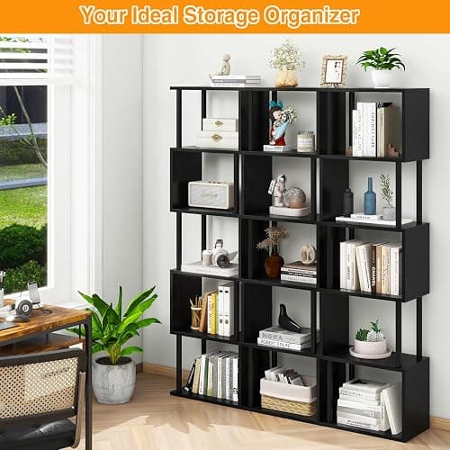 IBUYKE 6-Tier Tall Bookshelf,S-Shaped Geometric Bookcase, Wood Display Shelves with Storage,Modern Bookshelf for Living Room Bedroom, Home Office, Black WBC016B thumbnail 4