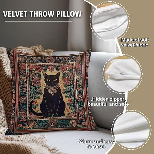 YOU FOUND ME William Morris Abstract Vintage Black Cat Design Throw Pillow Cover Home Decor, Art Decor Pillowcase Cushion Cover for Bed Sofa Living Room, Indoor and Outdoor 18x18inch (Black Cat5) thumbnail 4