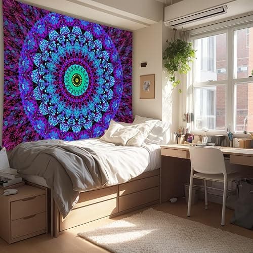 PSYHILAR Blacklight Mandala Boho Tapestry, Black Light Bohemian Hippie Poster for Adults and Teens, UV Reactive Aesthetic Wall Art Decor for Bedroom (60 x 50 Inches) thumbnail 5