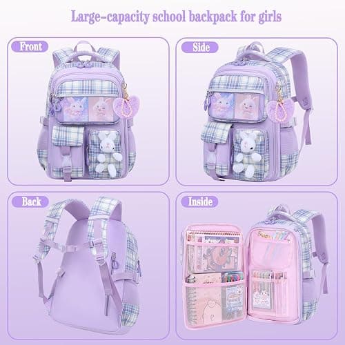 PIKBEAR Girls Backpack Set,Kid School Backpack with Lunch Bag and Pencil Case,Cute Rabbit Bookbag for Elementary (Purple-Bunny) thumbnail 8
