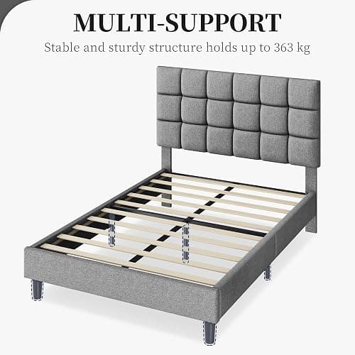 Yaheetech 4ft6 Double Bed Frame, Upholstered Headboard, Light Grey | Premium Linen-Fabric, Square Tufted & Adjustable Height Headboard, Solid Slats, Ideal for Bedrooms, Apartments and Guestrooms thumbnail 9