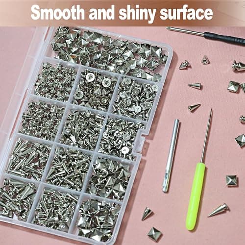 XKCWXY 600 Sets Punk Studs and Spikes Kit，8 Size Cone Spikes and Square Pyrami Studs for Clothing,Metal Tree Spikes Studs for Leathercraft and Punk Style Clothing Accessories DIY Craft Decoration thumbnail 2