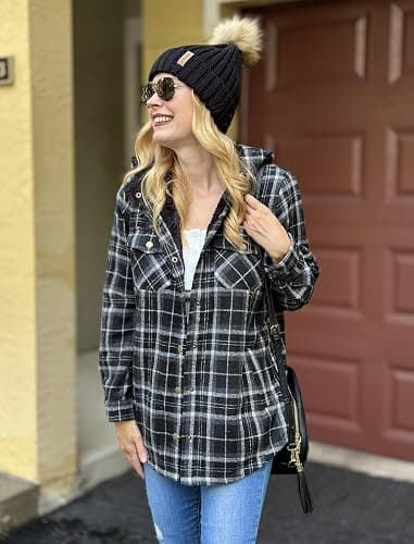 Zeagoo Womens Plaid Shacket Jacket Long Sleeve Fleece Hooded Jackets Fall Winter Warm Coat S-2XL thumbnail 2