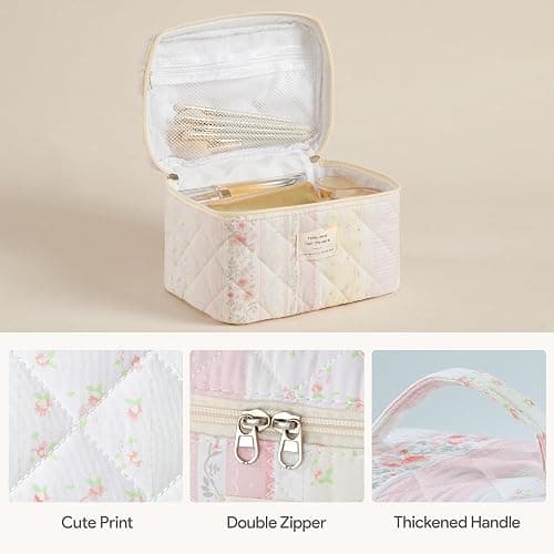 ⭐️HBselect Quilted Makeup Bag, 3Pcs Cotton Large Travel Makeup Bags Organizer | Cute Floral Make up Bag Cosmetic Bag Toiletry Bag for Women Girls, Makeup Pouch for Skincare, Brushes & Travel Essentials thumbnail 3
