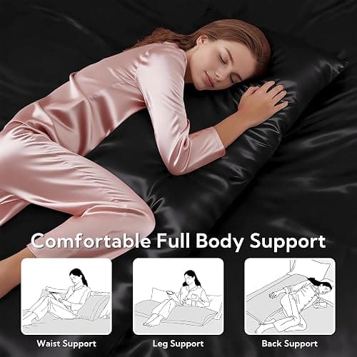 MR&HM Satin Body Pillow Cover, Soft and Breathable Body Pillow Case with Envelope Closure, Cooling and Silky Long Pillowcase for Hair and Skin,Grey (20x54, Black) thumbnail 5