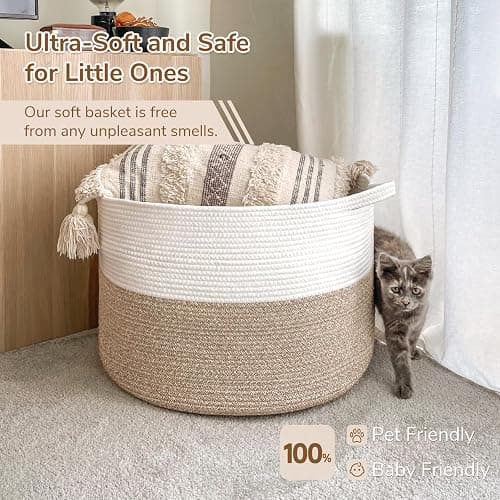 INDRESSME Large Laundry Basket, 21.7'' x 13.8'' Cotton Rope Blanket Basket Living Room Toy Baskets Storage Kids, Woven Baskets for Dirty Clothes, Pillows, Towel, 90L Light Brown thumbnail 7