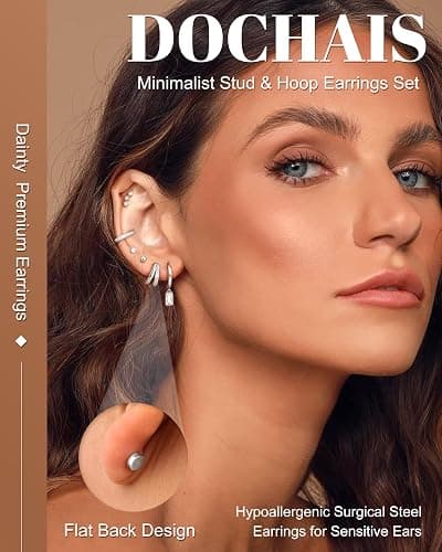 Dochais 13 Pairs 14K Gold Silver Earring Set for Women Hypoallergenic 316L Surgical Steel Stud Hoop Flat Back Cartilage Earrings for Multiple Piercings Dainty Huggie Jewelry thumbnail 4
