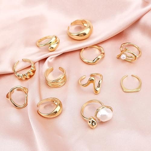 Gold-Tone Plate Chunky Rings for Women | Stackable Open Knuckle Rings, with Multiple Style Trendy Jewelry for Her thumbnail 3