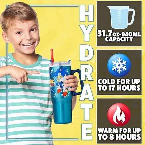 Get Trend Sonic the Hedgehog Insulated Tumbler with Straw for Kids, 32 oz Reusable Stainless Steel Cup for Hot Cold Drinks, Travel Mug, Gifts for Kids (Blue Sonic/Shadaw) thumbnail 2
