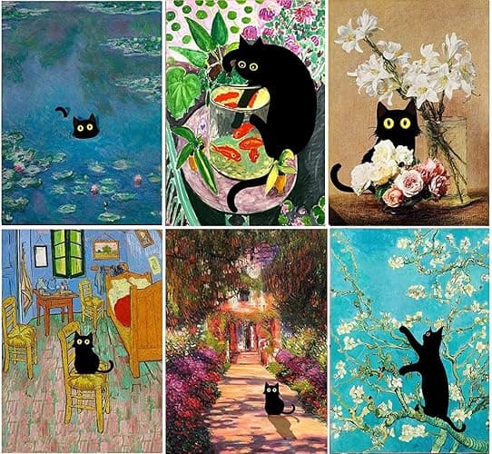Diamond Painting for Adults and Beginners - 6pcs, 5D Round Diamond Digital Painting Kit, DIY Black Cat Diamond Art Painting, Matisse Van Gogh Living Room Bedroom Decoration (11.8x15.7 inches) - Black cat - 6 pieces