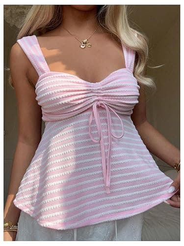Milumia Women's Eyelet Tie Front Ruched Tank Tops Y2k Going Out Peplum Top | Babydoll, Sexy Slim Fit, Sleeveless, Flowy, Summer, Beach Vacation Outfits, Country Concert thumbnail 5
