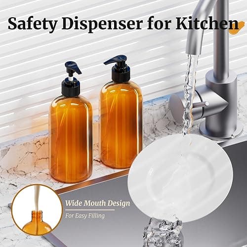 PrettyCare Set of 2 16oz Amber Glass Bottles with Black Pumps - Leak-Proof, Refillable Empty Dispenser for Shampoo, Conditioner & Thick Liquids - with Waterproof Labels thumbnail 5