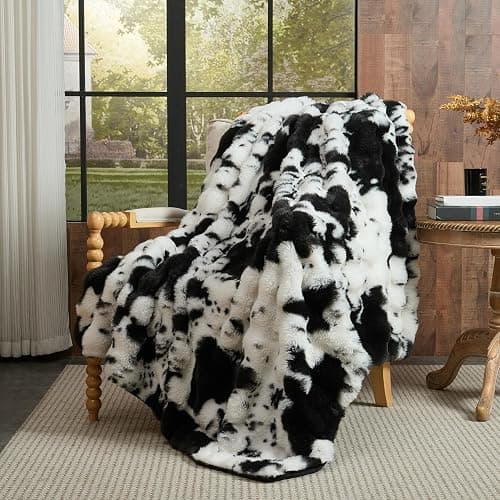 Lotus Karen Faux Fur Throw Blanket Cow Print-Black, Fluffy Fuzzy Plush Bubble Blanket for Couch, 60x50 Inches Cozy Shaggy Rabbit Blanket, Luxury Decorative Gifts for Sofa Bedroom Living Room. - Image 1