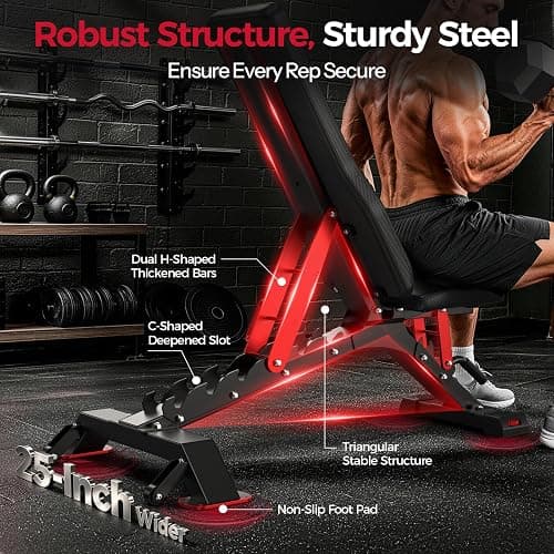 FLYBIRD WB7 Weight Bench, Commercial Grade Adjustable Weight Bench - 1300LBS Workout Bench for Home Gym, Flat Incline Bench Press Heavy Duty Bench with 34'' Extra-Long Backrest and Easy-Roll Wheels thumbnail 3