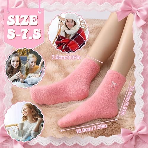 Jspupifip 5 Pairs Bow Fuzzy Socks for Women Cozy Soft Fluffy Slipper Sock Warm Winter Thick Home Sleeping Gradient Pink thumbnail 3