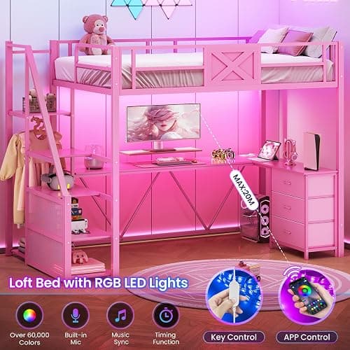 Itaar Stairway Twin Size Loft Bed with L Shaped Desk and Wardrobe, Metal Loft Bed Frame with Stairs, 3 Fabric Drawers, LED Lights & Charging Sation, No Noise & No Box Spring Needed, Pink thumbnail 6