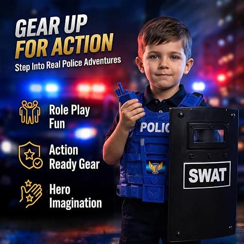 Ultimate All-in-One Kids Police Role Play Toy Kit - 15-Piece Policeman Pretend Play Set for Kids - SWAT Accessories for Dress Up Costumes - Badge, Shield, Vest, Handcuffs Included thumbnail 5