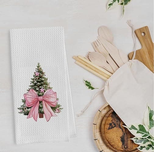 bitCNY Christmas Kitchen Towel – Pink Bow Tree Waffle Weave Dish Towel, Cute Holiday Hand Towel for Christmas Decor or Gift, 16x24 Inch thumbnail 5