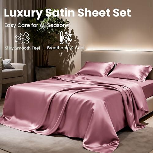 Love's cabin Satin Queen Sheets Set, 4 Pieces, Rose Taupe, 15" Deep Pocket | Luxury Silky Touch Bedding Set: Fitted Sheet, Flat Sheet & Pillowcases, Soft Smooth Silk Feel, All-Around Elastic Snug Fit thumbnail 8