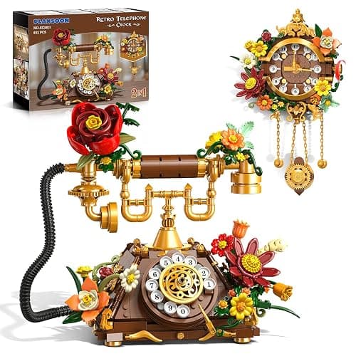 PLAXSOON Flowers Retro Telephone Clock Building Set, 2 in 1 Collectible Vintage Phone Model Building Block Kit with Realistic Design, 882 PCS Home Office Decor, Gift for Adults Teens Girls Boys 12+ - Image 1