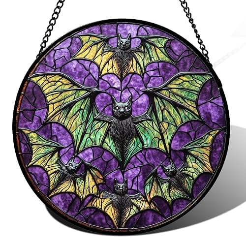 HWRHTR Stained Glass Window Hanging - Halloween Decorations Bats Suncatcher for Doors Garden Indoor Spooky Funny Purple Sun Catchers Gothic Decor Horror Gifts for Women Men Friend 9.8 in - Image 1