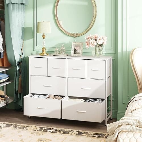 WLIVE Wide Dresser for Bedroom, 8 Drawer Chest of Drawers, White | 8 roomy fabric drawers, Wide storage design, Bedroom or closet use, Sturdy steel frame, Smooth wood tabletop thumbnail 4