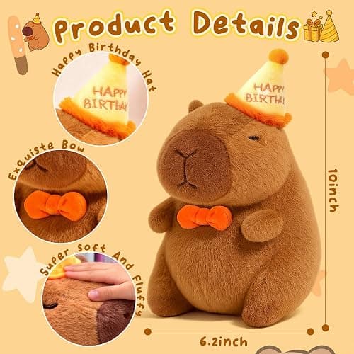 redaica Happy Birthday Capybara Plush,Cute Capybara Stuffed Animal,Soft Kawaii Capibaras Stuff Toy for Kids,Capibara Plushies Birthday Party Decorations Gift for Boys Girls(10inch) thumbnail 2
