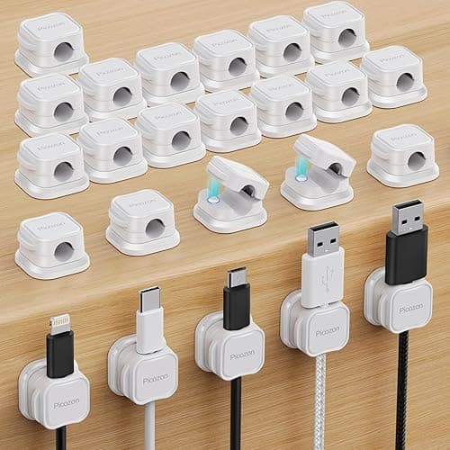 24 Pack Magnetic Cable Clip Organizer Cord Holder, Picozon Adhesive Cable Management, Wire Phone USB Charger Cable Holder, Keeper Organizer for Office Home Desktop Table - White - Pack of 24