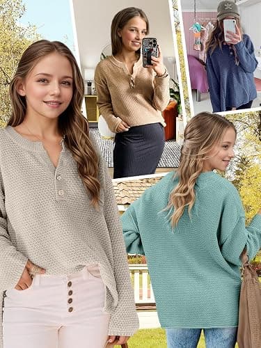 Girls Winter Sweaters 2025 Fashion Teen Tops Henley Kids V Neck Long Sleeve Loose Shirts Fall Warm Clothes thumbnail 6