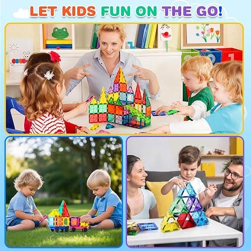 Magnetic Tiles, 135PCS Magnetic Building Blocks with 2 Cars, Large Magnet Building Set,STEM Sensory Educational Toys Gift for Toddlers Kids Boys Girls. thumbnail 7