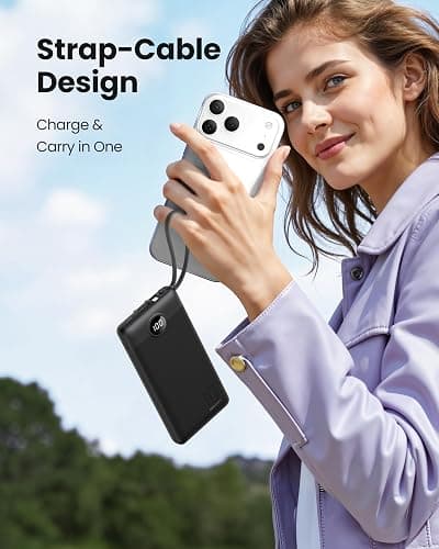Coowisty Portable Charger with Built-in Cables, Slim 10000mAh Power Bank with USB C, Travel Essentials External Battery Pack 5 Outputs 2 Inputs LED Display Compatible with iPhone/Android & More(Black) thumbnail 4