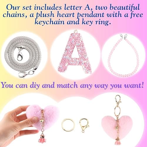 MOTOFITOOL Bling Pink Car Accessories for Women Letter Charm, Rainbow Color Rear View Mirror Cute Crystal Pendant Car Decorations, Lucky Gifts Diamond Rhinestone Charm Interior(A, Tassel Heart) thumbnail 3