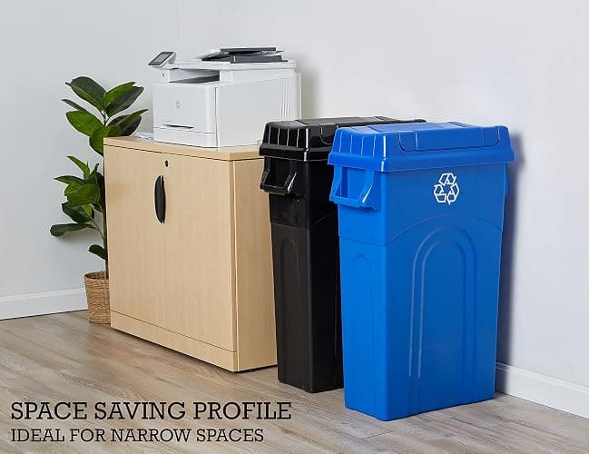 United Solutions 23 Gallon Highboy Plastic Recycling Bin Kitchen Trash Can with Lid, Pass Through Handles, and Dustpan Edge, Blue thumbnail 3