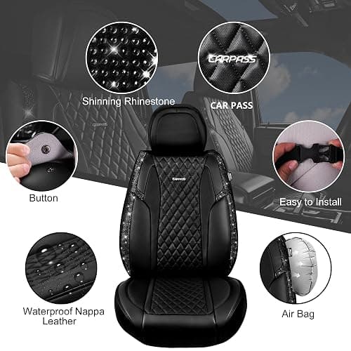 CAR Pass Bling Car Seat Covers, Microfiber Nappa Leather Luxury Cushioned, Waterproof Heavy-Duty Anti-Slip Universal Fit for Auto SUV Sedan, Sparkly Glitter Shining Rhinestone Full Set, Black Diamond thumbnail 5