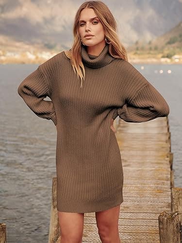 ANRABESS Women Oversized Sweater Dress Turtleneck Batwing Long Sleeve Ribbed Knit Loose 2025 Fall Winter Casual Short Dress thumbnail 6