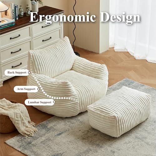 XOFUGEM Premium Beige Bean Bag Chair for Adults with Armrest- Ultra Plush Memory Foam Lounge Sofa & Comfy Reading Nook Chair for Bedroom, Living Room & Dorm (White, Without Pedals) thumbnail 5