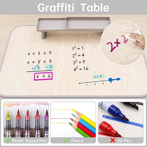 GITAWUSA Kids Desk and Chair Set, Height Adjustable Childrens Study Desk, Graffiti Table for 3-12 Years, Kids Art Table with Side Bookshelf and Storage, Multi-Functional for Bedroom & Study Room(Grey) thumbnail 3