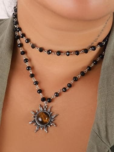 Sacina Gothic Emo Grunge Sun Choker, Black Bead Choker Necklace, Black Jewelry, Gothic Goth Necklace, Halloween Christmas Jewelry Gift for Women thumbnail 2