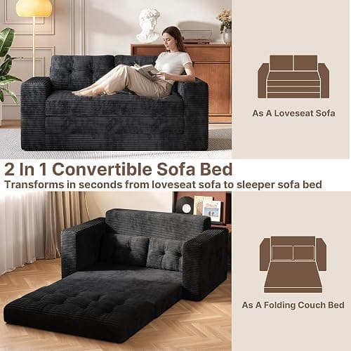 Gizoon Convertible Loveseat Sleeper Sofa Bed, 59'' Folding Floor Couch with Pillows & Memory Foam Sofa for Small Spaces, Corduroy Pull Out Couch for Apartment Living Room, Black thumbnail 7