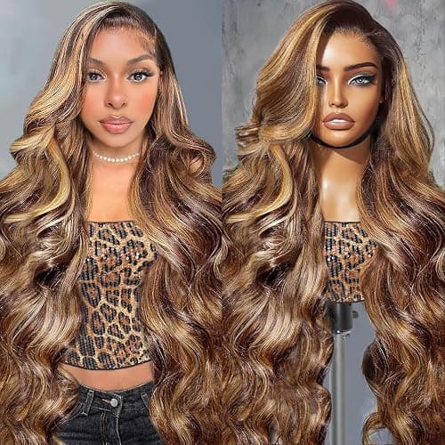Hepnok 30 Inch Highlight Ombre Lace Front Wig Human Hair Honey Blonde Body Wave 13x6 HD Lace Front Wigs Human Hair Pre Plucked 200 Density Brown 4/27 Colored Lace Frontal Glueless Wigs for Women - Image 1