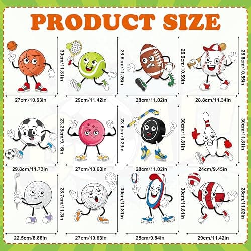 12 Pcs Sports Cutouts for Bulletin Board Decorations with Glue Points | 11 Inches Balls Cutout, Sport Theme Classroom Decor for Teachers School Playroom Gym Party Supplies thumbnail 4