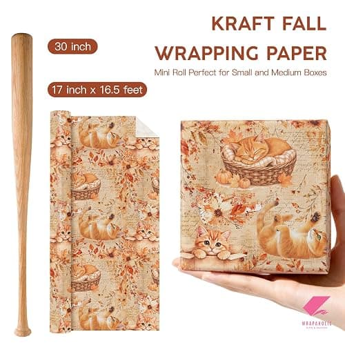 WRAPAHOLIC Kraft Fall Wrapping Paper Roll - Mini Roll - 17 Inch x 16.5 Feet - Cat, Autumn Maple Leaves, Pumpkin Wrapping Paper for Autumn, Thanksgiving, Party, Holiday thumbnail 3