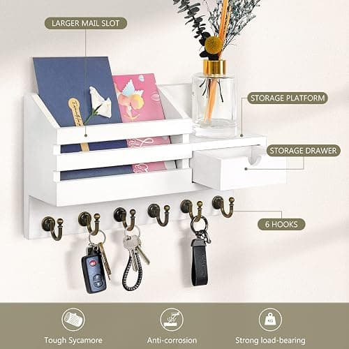 FifthQuarter Key Holder Wall Mount: Key and Mail Holder for Wall with 6 Hooks and Storage Drawer, Easy Installation Key Rack for Entryway Home Decor (A-White) thumbnail 5