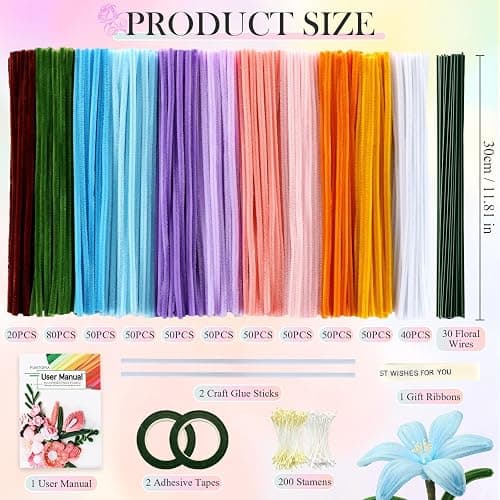 Pipe Cleaner Flower Kit, 540Pcs Pipe Cleaners Craft with 15 Designs Guiding Book, Flower Making Kit with Chenille Stems & Floral Wires, DIY Bouquets and Party Decorations (Multicolor, 12in x 7mm) thumbnail 6