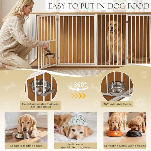 Large Double Dog Crate Furniture - TV Stand & Indoor Kennel with Adjustable Divider, Heavy Duty Wooden Pet House for 2 Large Breed Dogs, Removable Doors, with Rotating Feeder (White) thumbnail 4