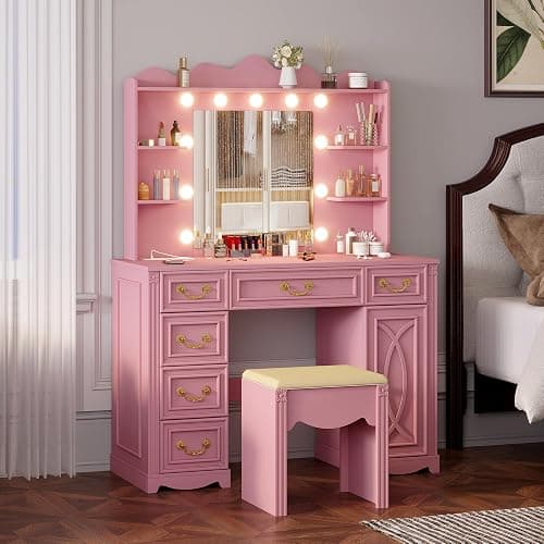 Vlsrka Vanity Desk with Large Mirror and Lights, 43.3" Makeup Vanity Desk with Charging Station and 6 Drawers, Makeup Dressing Table with Storage Stool for Bedroom (Pink) thumbnail 7