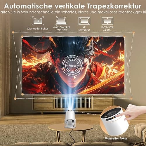 Salange Mini Beamer 2026,4K Unterstützt Smart Projektor Android 14, Tragbarer mit WiFi 6 und Bluetooth 5.4 Auto Keystone, Klein Handy Beamer Heimkino Outdoor,270°Dreh kompatibel,Weiß thumbnail 5